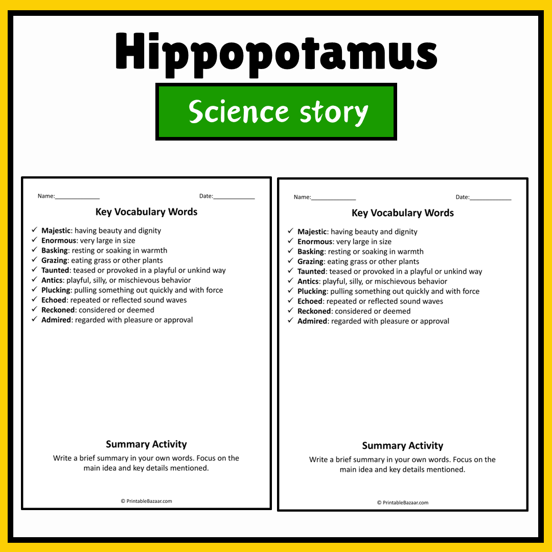 Hippopotamus | Science Story Reading Comprehension Activity