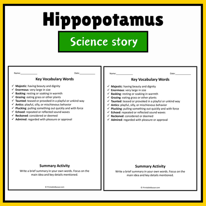 Hippopotamus | Science Story Reading Comprehension Activity