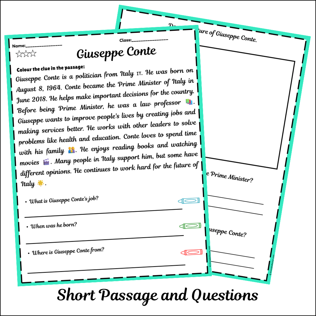 Giuseppe Conte | Short Reading Comprehension Creative Worksheet