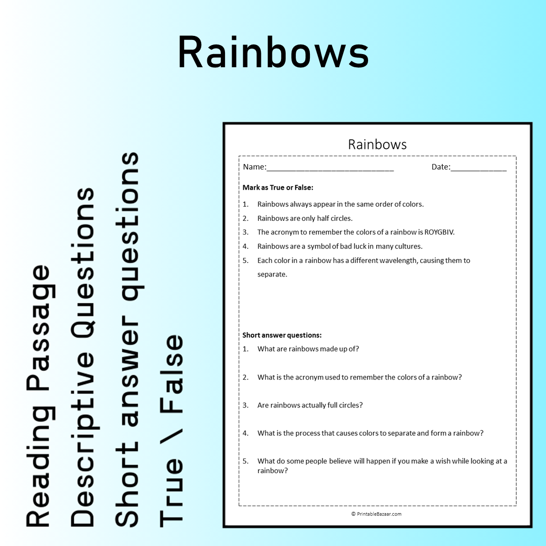 Rainbows | Reading Comprehension Passage Printable Worksheet
