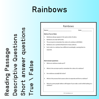 Rainbows | Reading Comprehension Passage Printable Worksheet