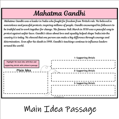 Mahatma Gandhi | Main Idea and Supporting Details Reading Passage and Questions