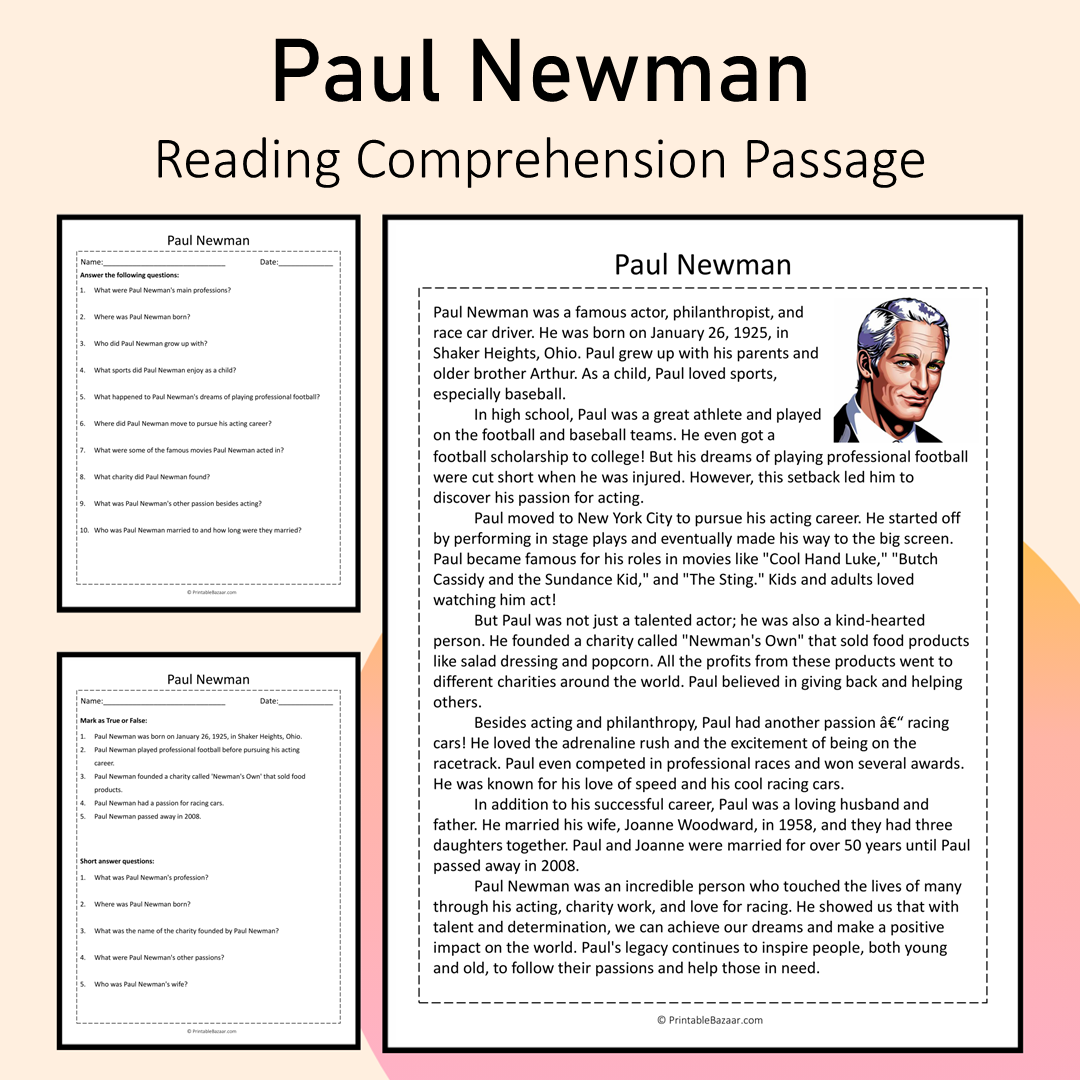 Paul Newman | Reading Comprehension Passage Printable Activity