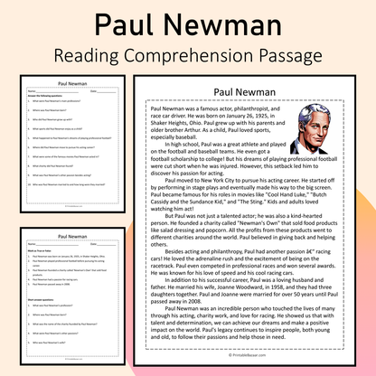 Paul Newman | Reading Comprehension Passage Printable Activity
