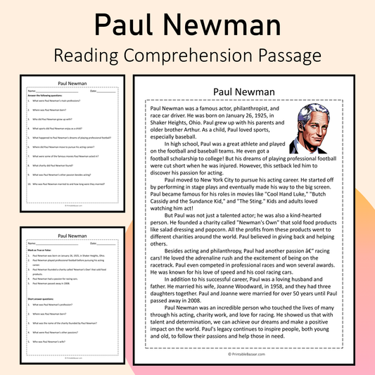 Paul Newman | Reading Comprehension Passage Printable Activity