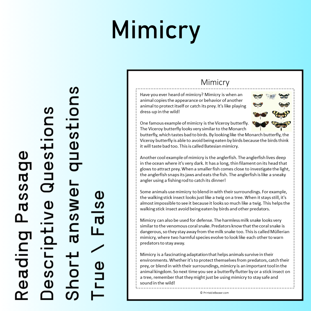 Mimicry | Reading Comprehension Passage Printable Worksheet