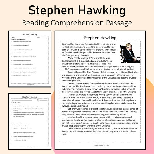 Stephen Hawking | Reading Comprehension Passage Printable Activity