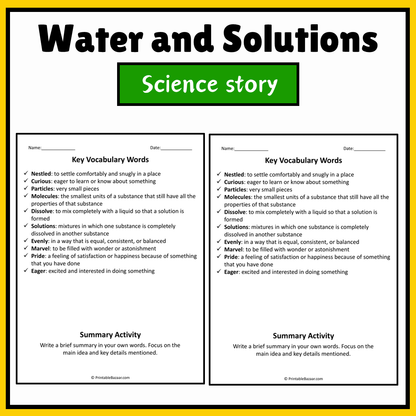 Water and Solutions | Science Story Reading Comprehension Activity