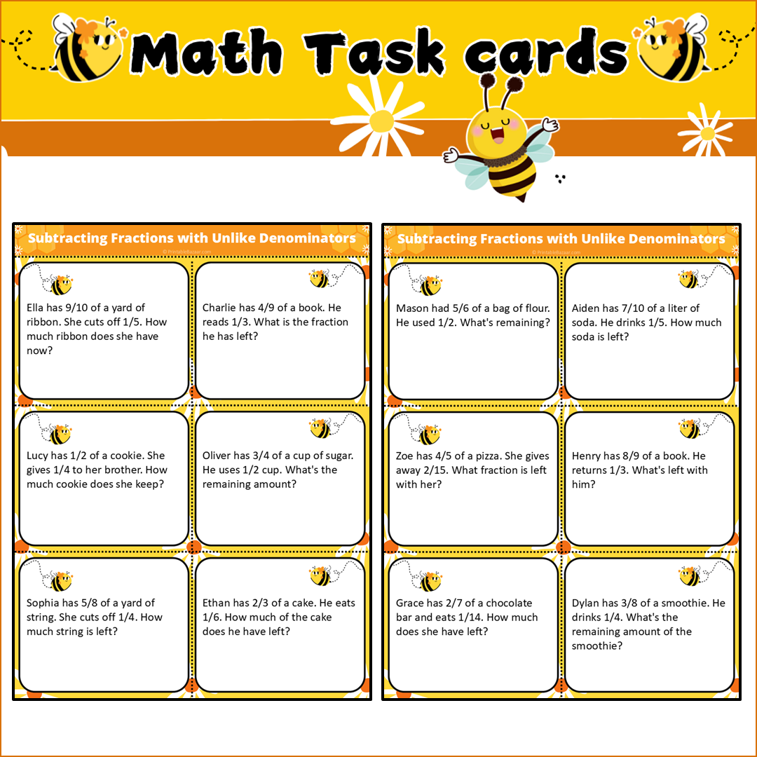 Subtracting Fractions with Unlike Denominators | Math Task Cards