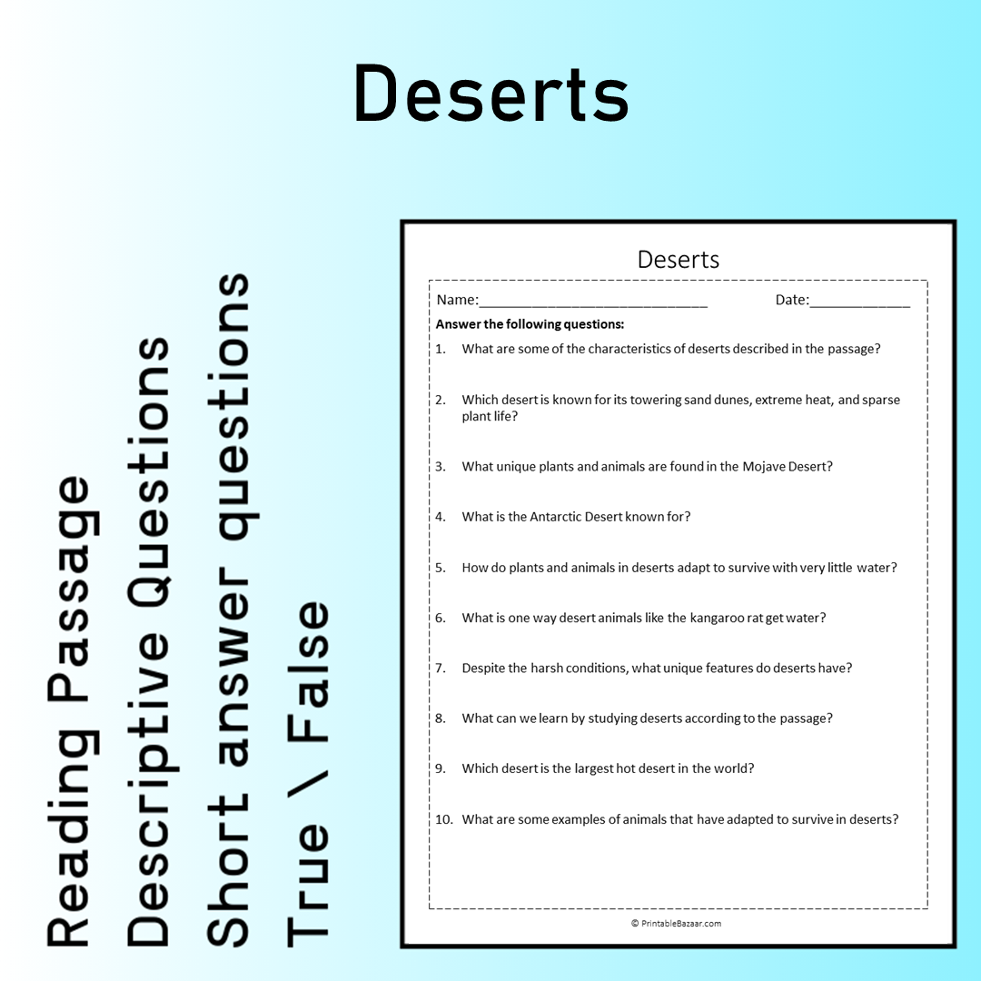 Deserts | Reading Comprehension Passage Printable Worksheet