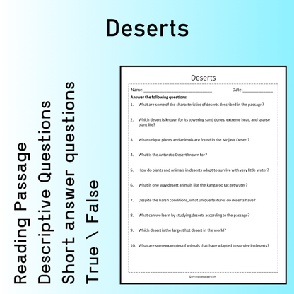 Deserts | Reading Comprehension Passage Printable Worksheet