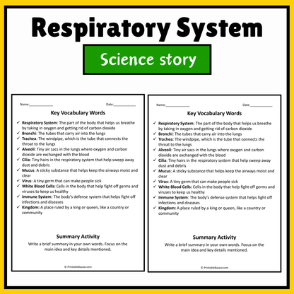 Respiratory System | Science Story Reading Comprehension Activity