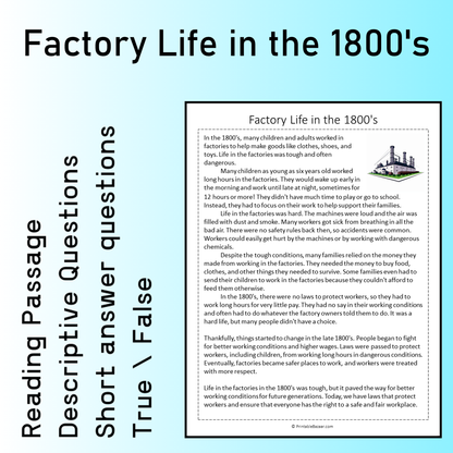 Factory Life in the 1800's | Reading Comprehension Passage Printable Worksheet