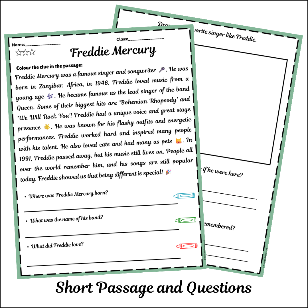 Freddie Mercury | Short Reading Comprehension Creative Worksheet