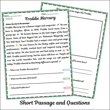 Freddie Mercury | Short Reading Comprehension Creative Worksheet