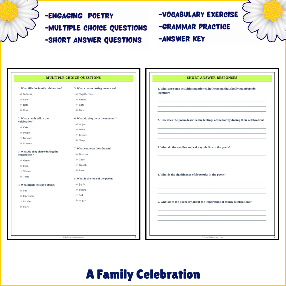 A Family Celebration | Poem Grammar Worksheet Printable Activity