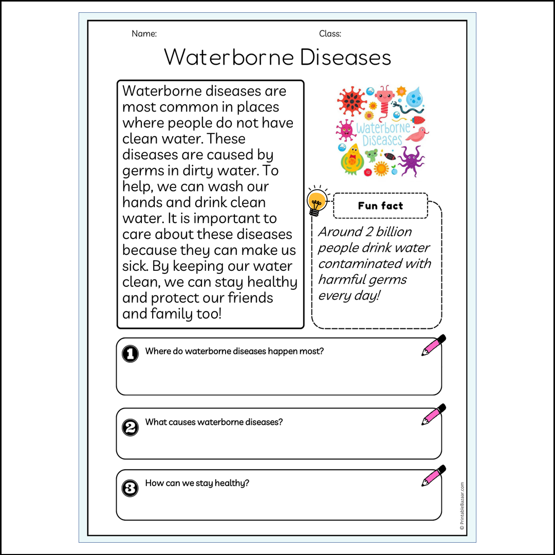 Waterborne Diseases | Reading Passage Comprehension Questions Writing Facts Worksheet