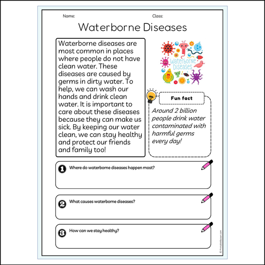 Waterborne Diseases | Reading Passage Comprehension Questions Writing Facts Worksheet