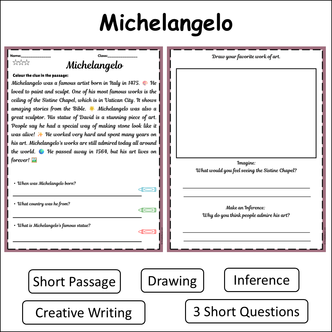 Michelangelo | Short Reading Comprehension Creative Worksheet