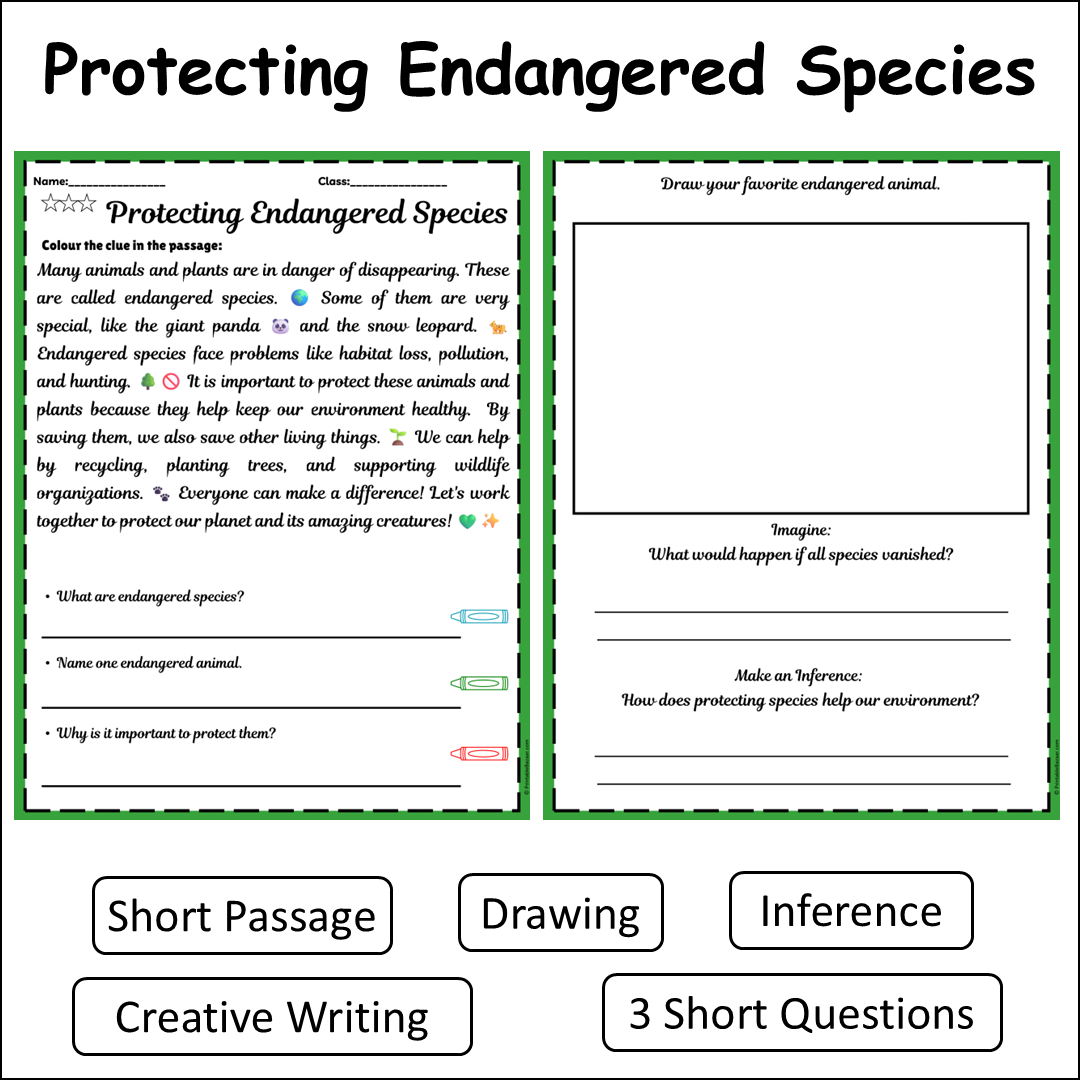 Protecting Endangered Species | Short Reading Comprehension Creative Worksheet
