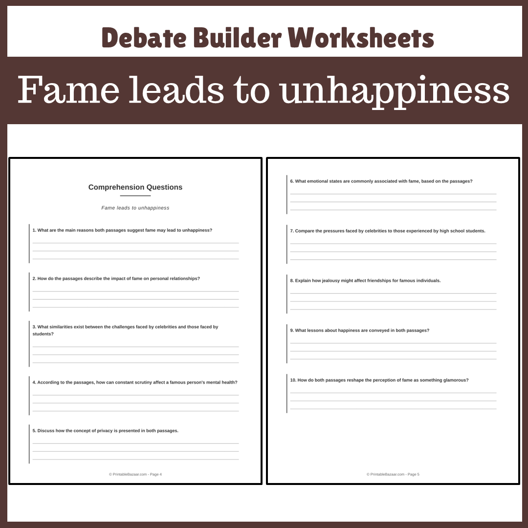 Fame leads to unhappiness | Favour and Against Worksheet Printable Activity