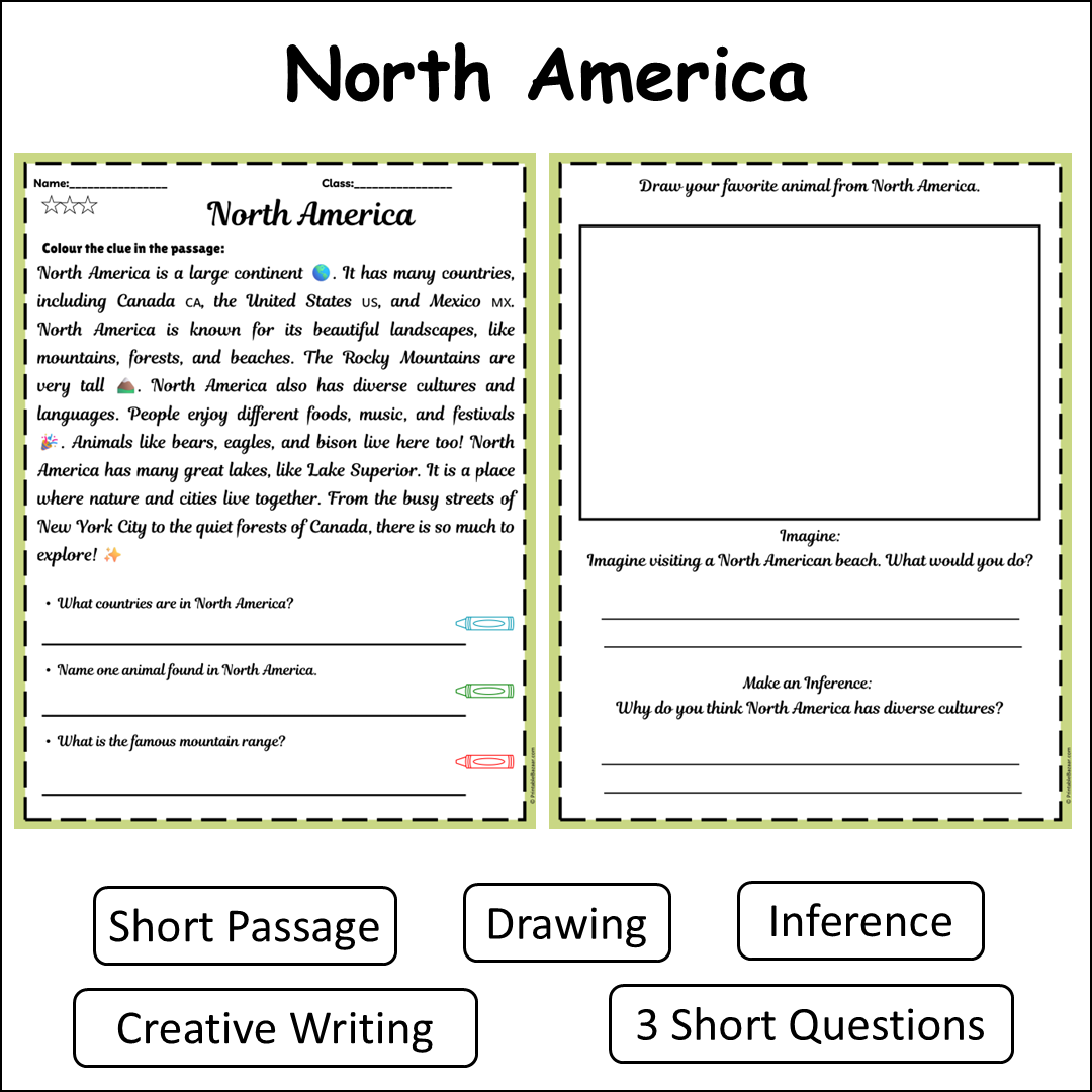 North America | Short Reading Comprehension Creative Worksheet