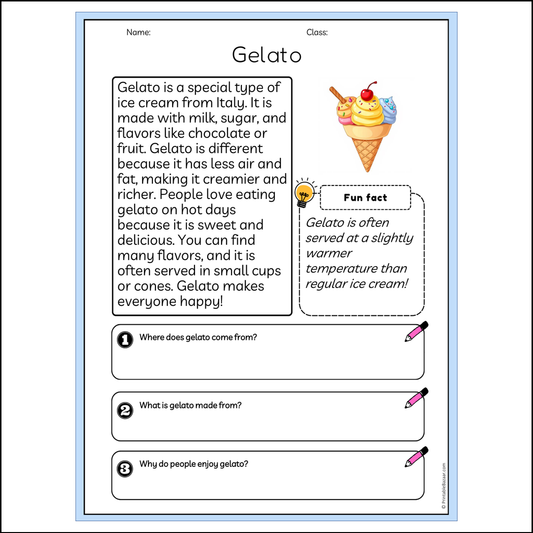 Gelato | Reading Passage Comprehension Questions Writing Facts Worksheet