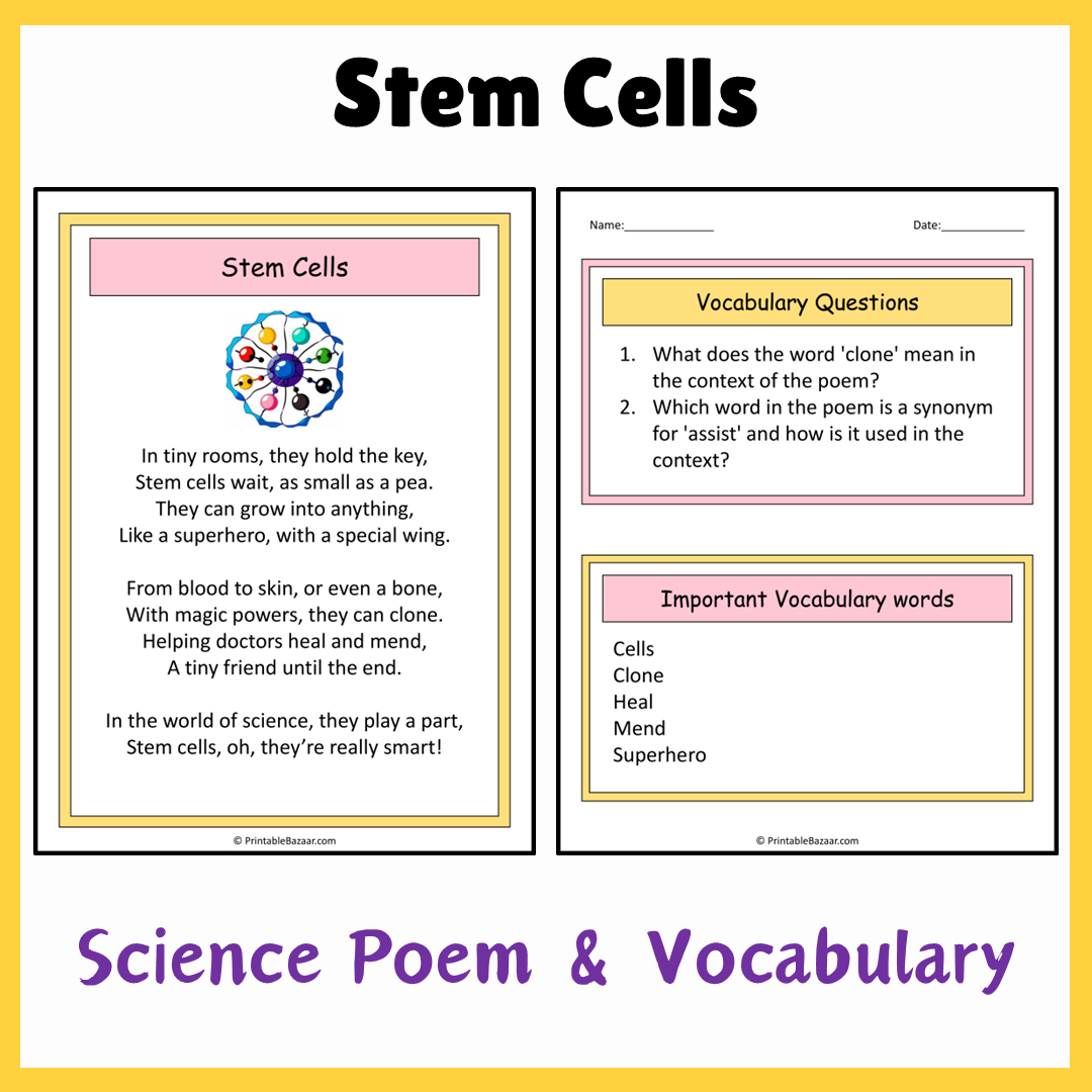 Stem Cells | Science Poem Reading Comprehension Activity