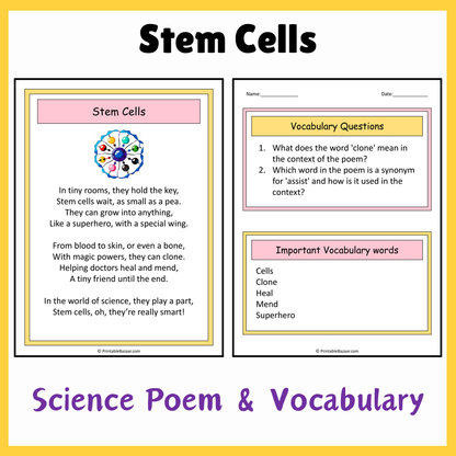 Stem Cells | Science Poem Reading Comprehension Activity