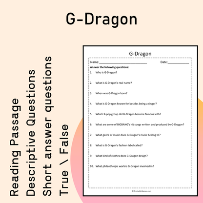 G-Dragon | Reading Comprehension Passage Printable Activity