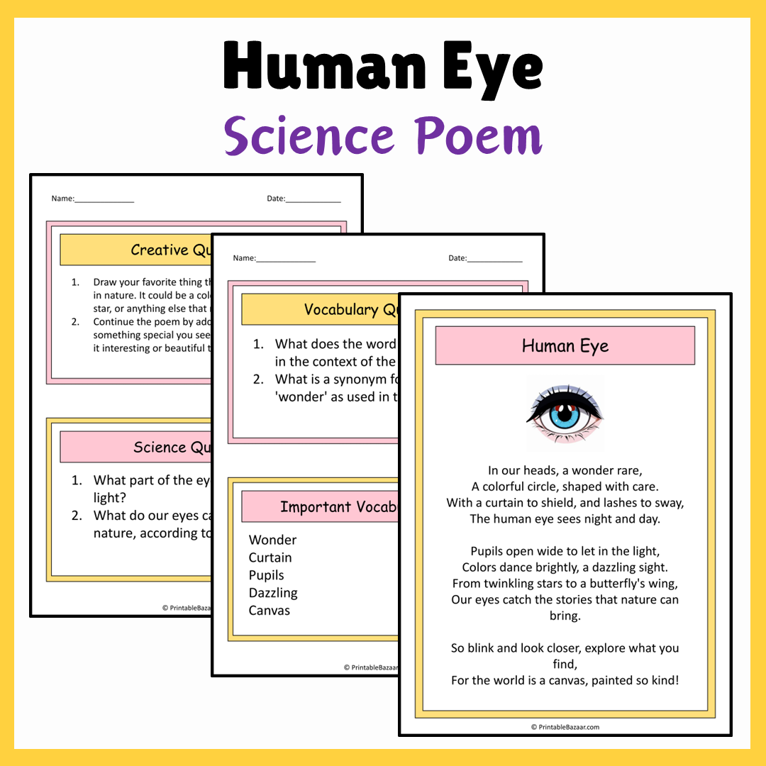 Human Eye | Science Poem Reading Comprehension Activity