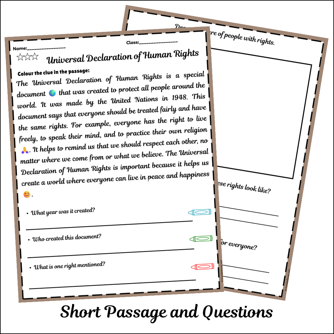 Universal Declaration of Human Rights | Short Reading Comprehension Creative Worksheet