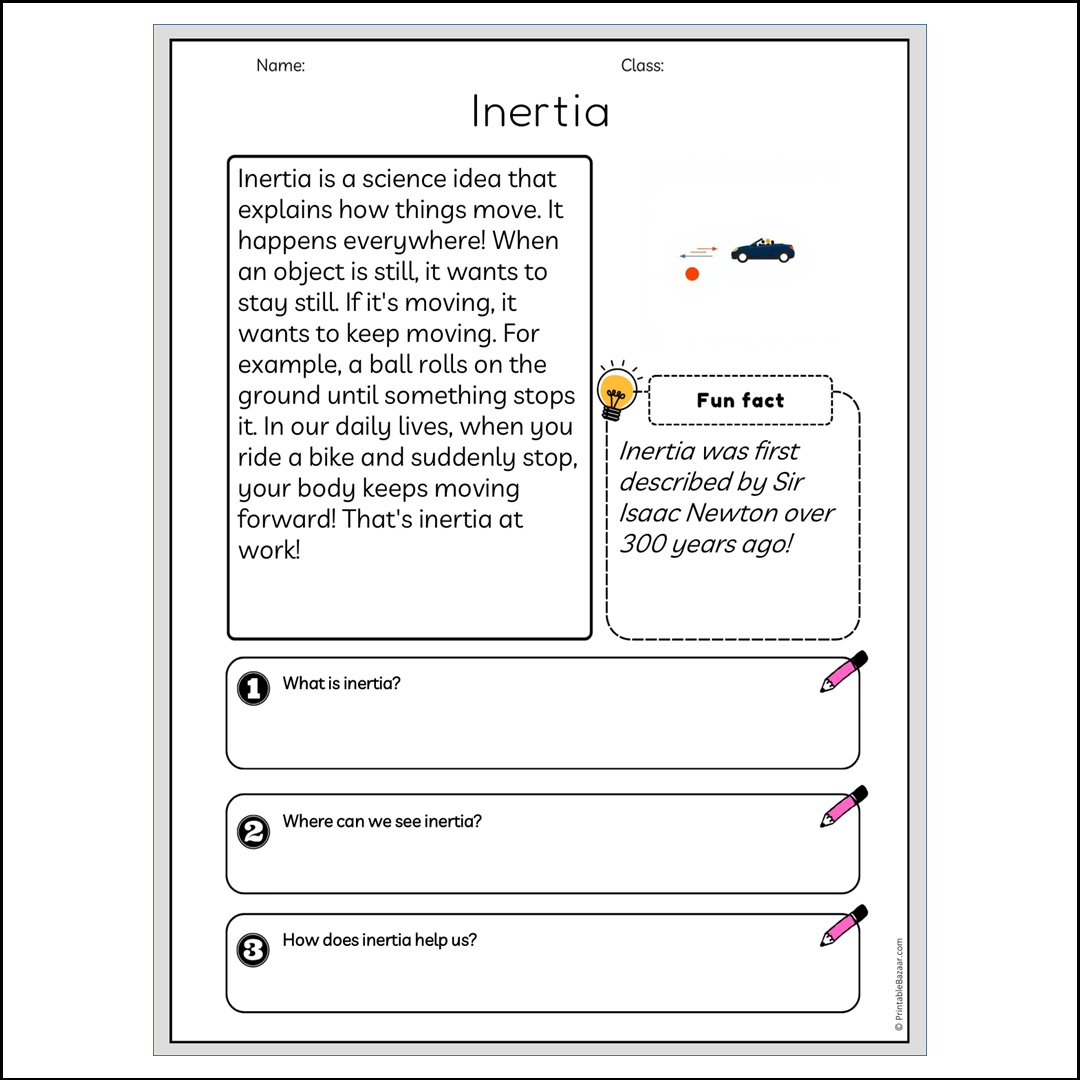 Inertia | Reading Passage Comprehension Questions Writing Facts Worksheet