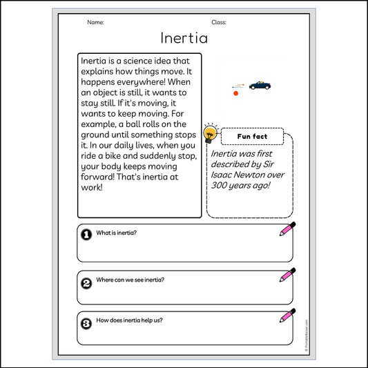 Inertia | Reading Passage Comprehension Questions Writing Facts Worksheet