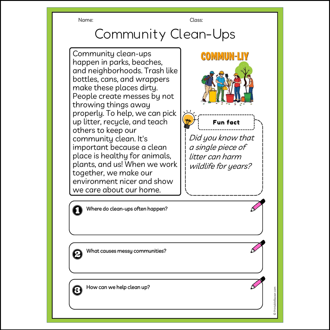 Community Clean-Ups | Reading Passage Comprehension Questions Writing Facts Worksheet