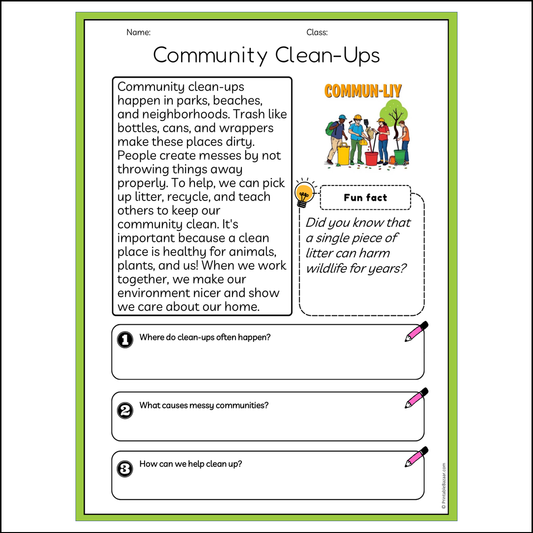 Community Clean-Ups | Reading Passage Comprehension Questions Writing Facts Worksheet