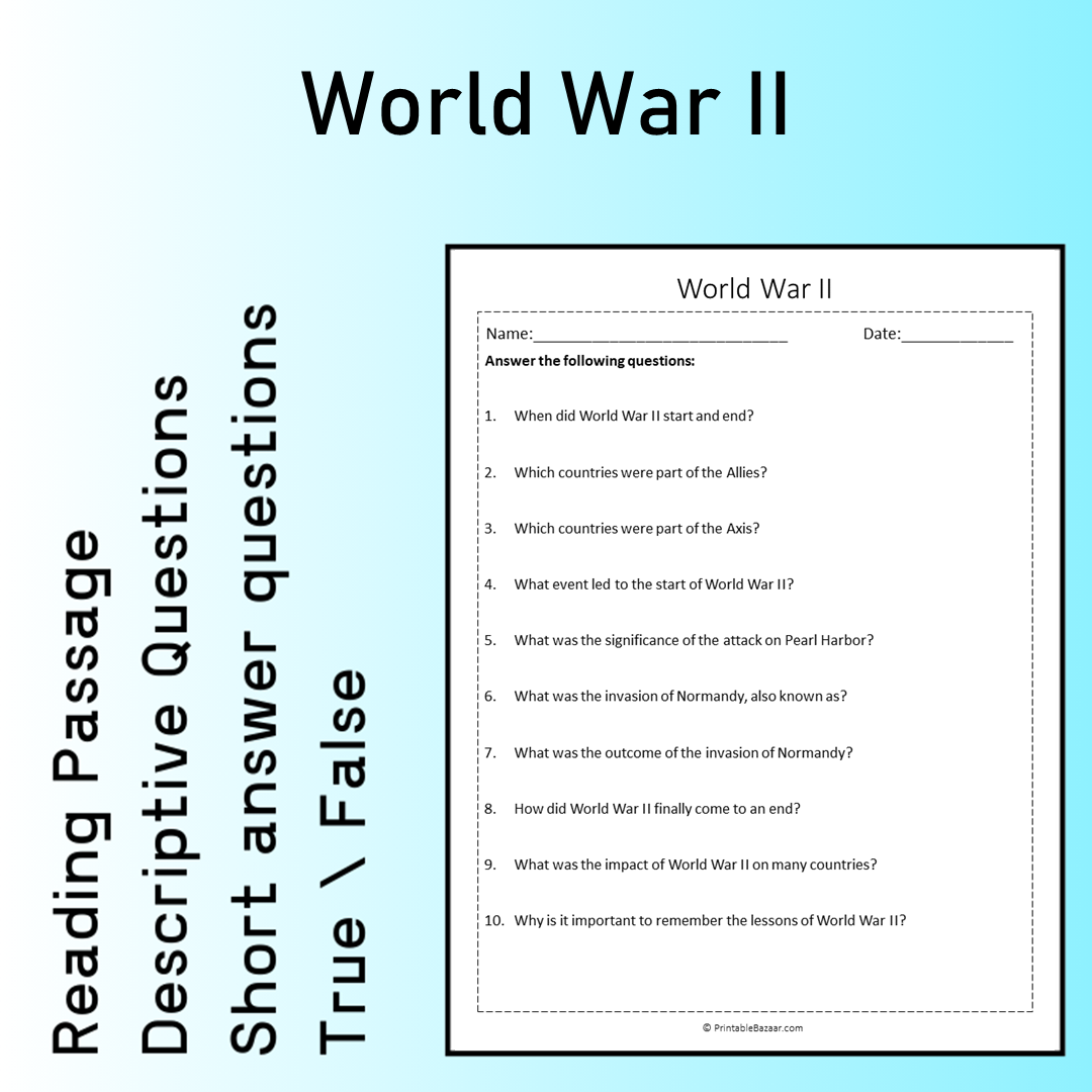 World War II | Reading Comprehension Passage Printable Worksheet