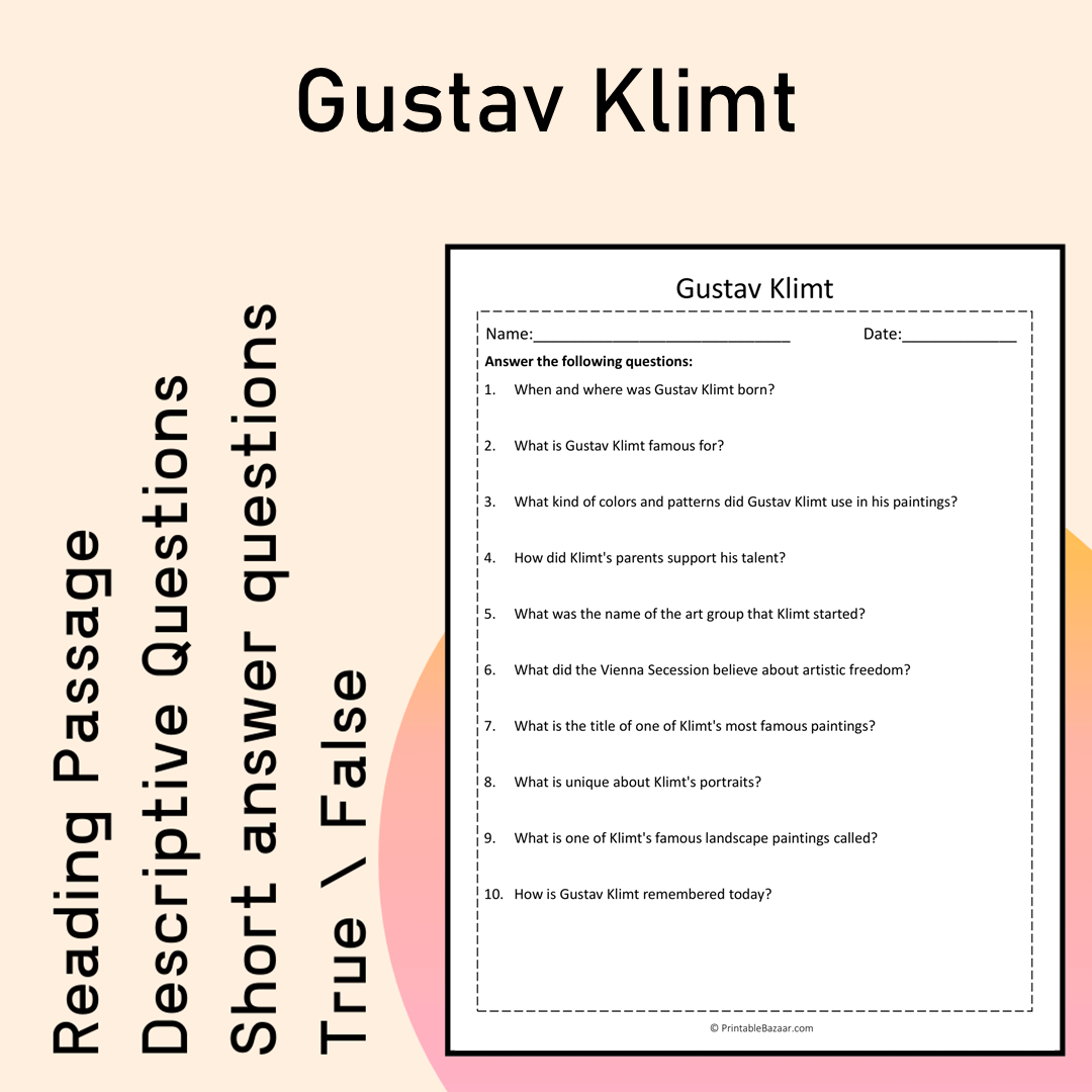 Gustav Klimt | Reading Comprehension Passage Printable Activity