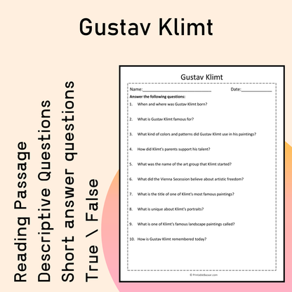 Gustav Klimt | Reading Comprehension Passage Printable Activity