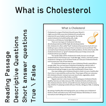 What is Cholesterol | Reading Comprehension Passage Printable Worksheet