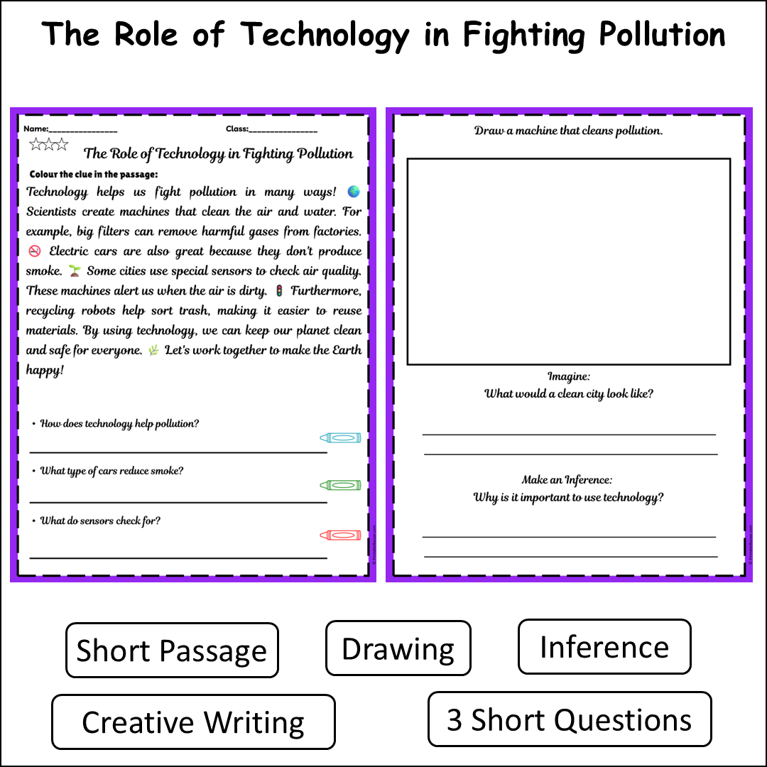 The Role of Technology in Fighting Pollution | Short Reading Comprehension Creative Worksheet