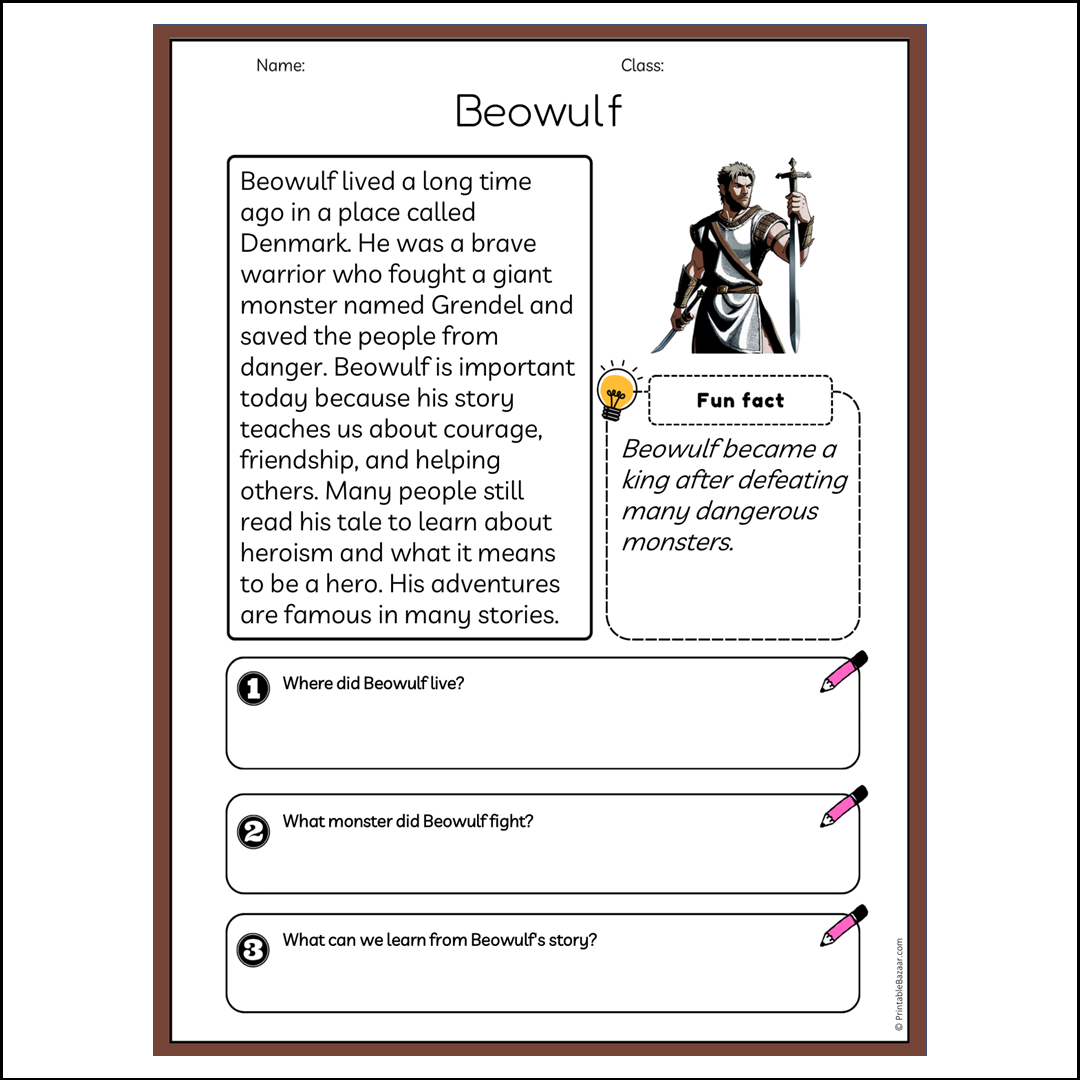 Beowulf | Reading Passage Comprehension Questions Writing Facts Worksheet