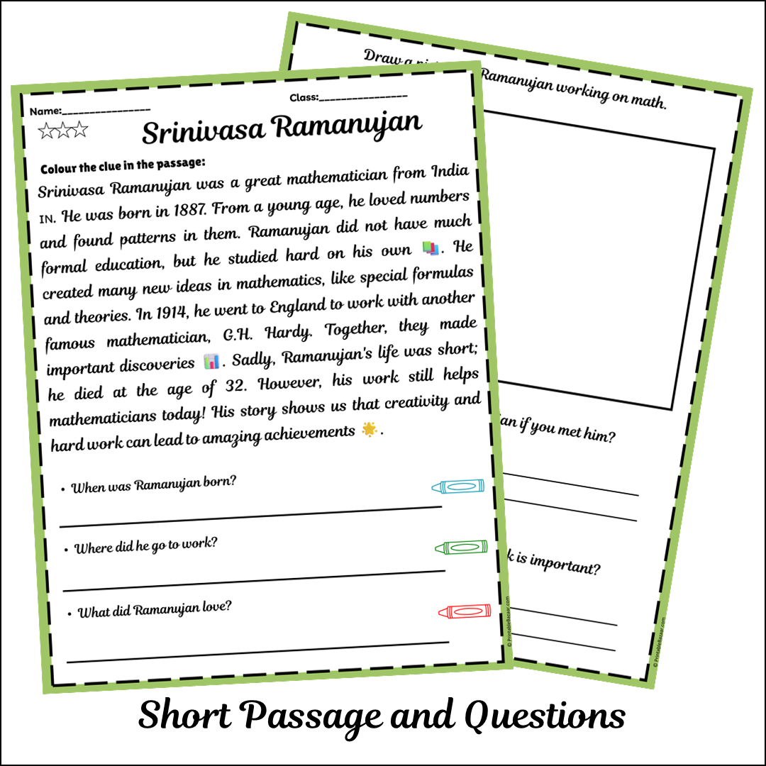 Srinivasa Ramanujan | Short Reading Comprehension Creative Worksheet
