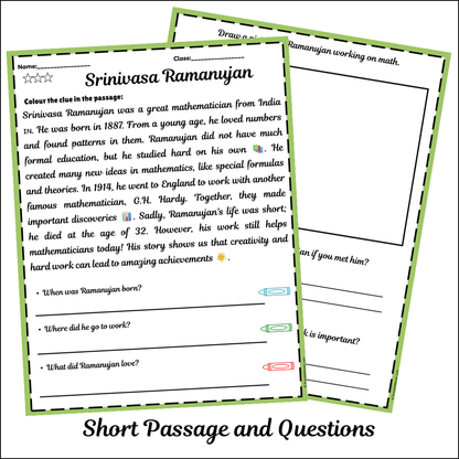 Srinivasa Ramanujan | Short Reading Comprehension Creative Worksheet