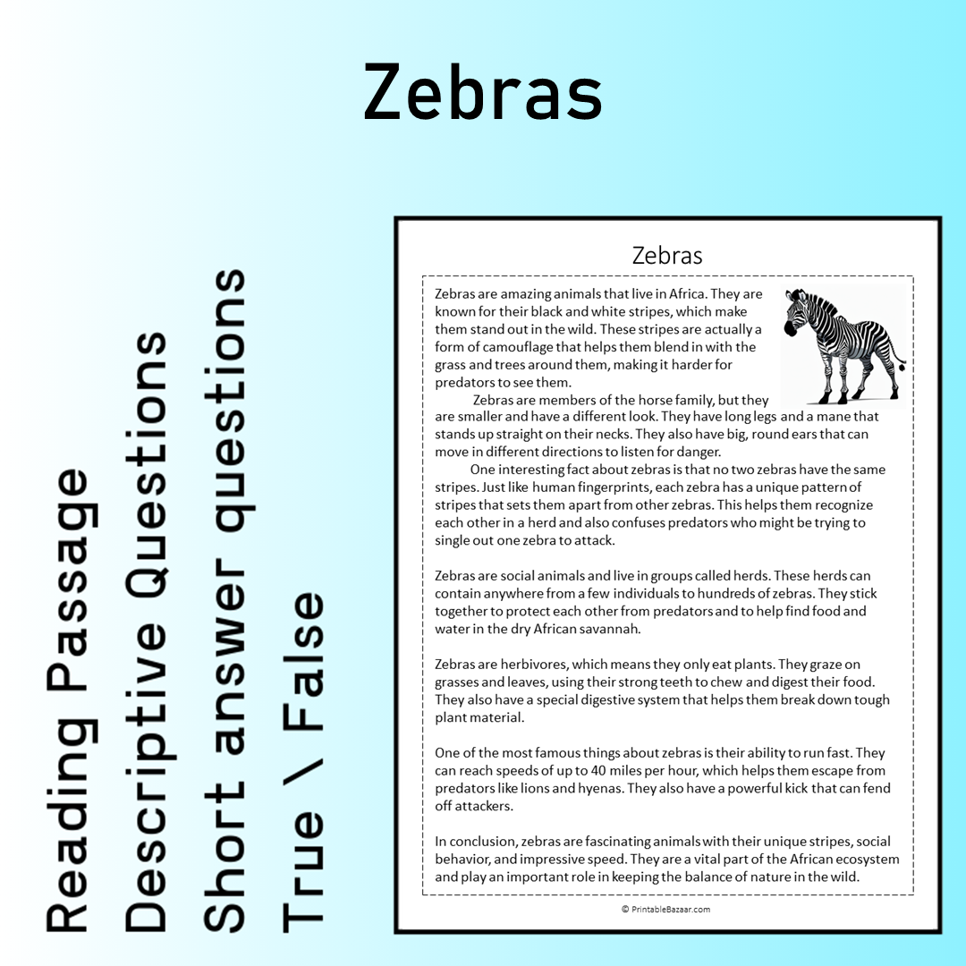 Zebras | Reading Comprehension Passage Printable Worksheet