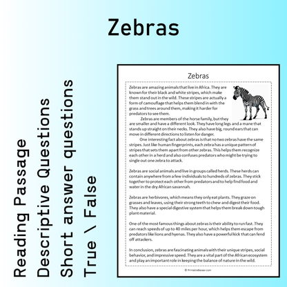 Zebras | Reading Comprehension Passage Printable Worksheet