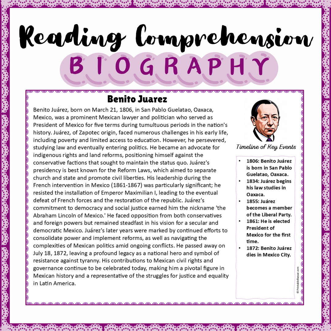 Benito Juarez | Biography Reading Comprehension and Questions Worksheet