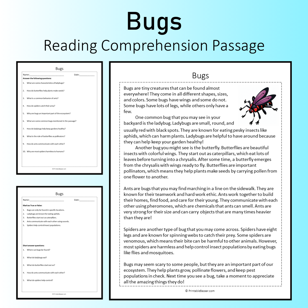 Bugs | Reading Comprehension Passage Printable Worksheet