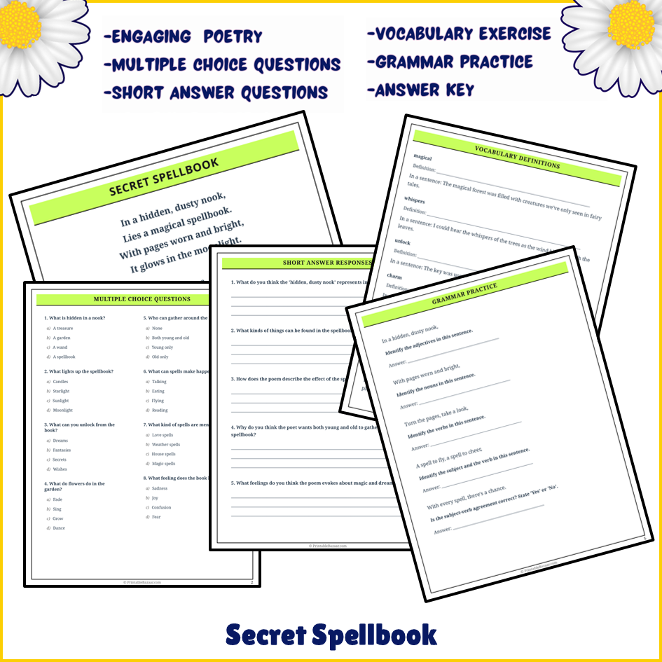 Secret Spellbook | Poem Grammar Worksheet Printable Activity