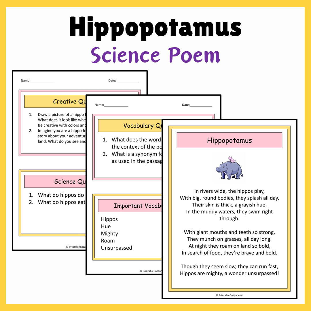 Hippopotamus | Science Poem Reading Comprehension Activity